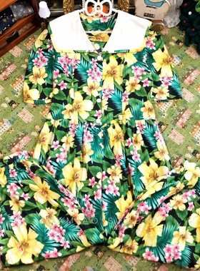 海淘精品中古vintgae海军领花柄连体裤收腰灯笼裤美式复古减龄