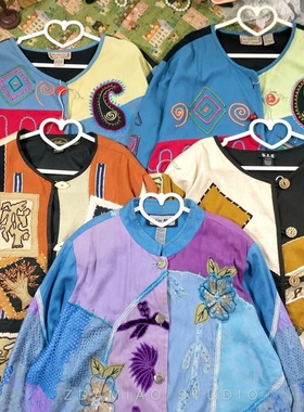 海淘精品复古vintgae新中式手工刺绣拼布外套薄文艺异域宽松圆领