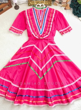 海淘墨西哥产经典圆舞曲彩色条纹大摆泡泡袖古着vintgae连衣裙