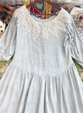 海淘中古vintgae法式暗纹提花蕾丝公主腰线灰色复古连衣裙A字宽松