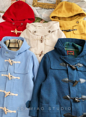 ZDAMIAO日本制古着复古学院羊毛呢中长牛角扣秋冬厚日系连帽大衣