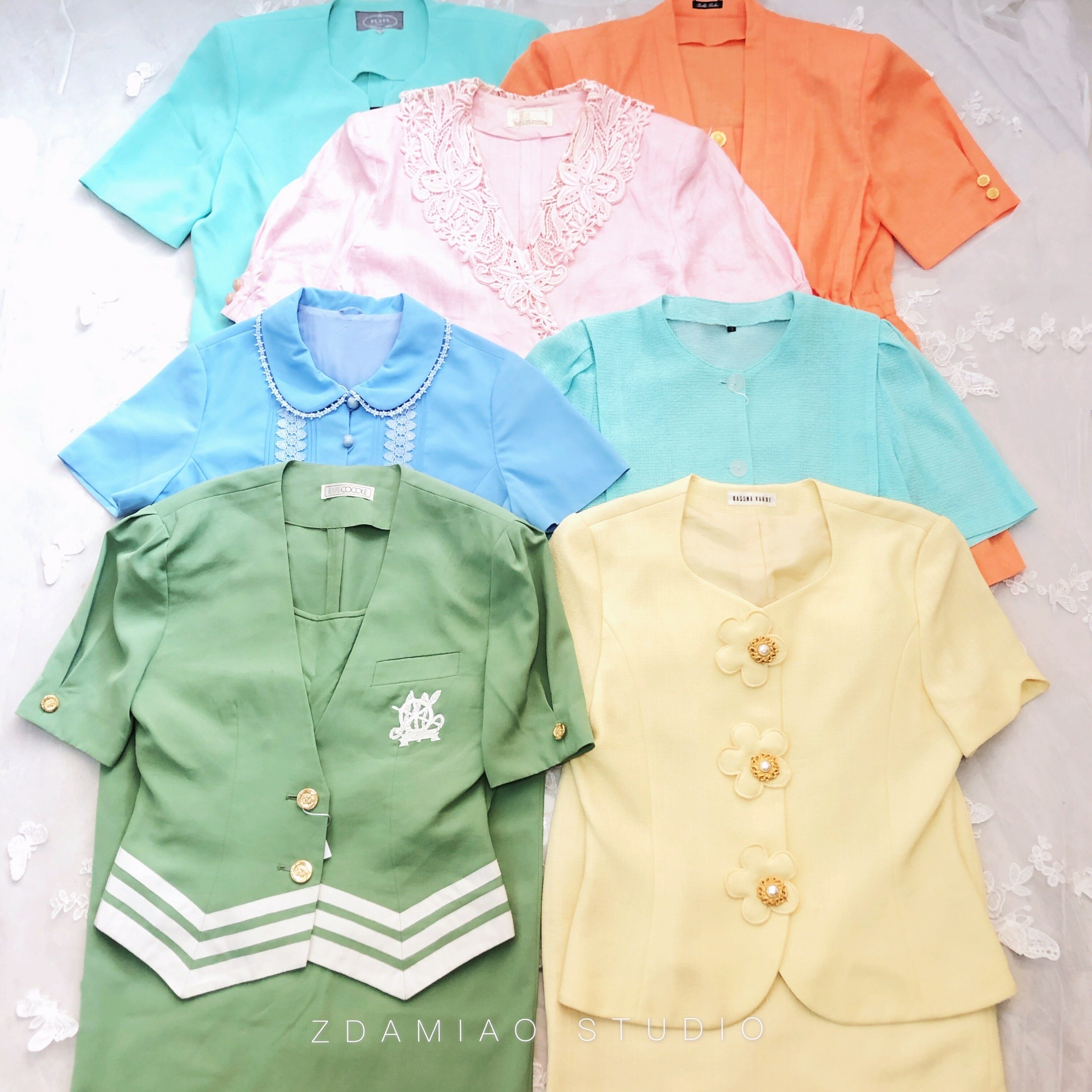特价日本制中古vintage复古小香风气质名媛纯色短袖半裙套装春夏