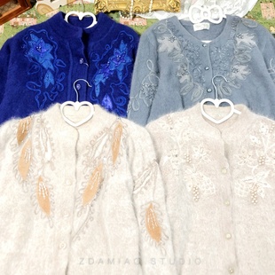 ZDAMIAO日系复古刺绣钩花钉珠亮片兔毛古着毛衣外套港风网红写真