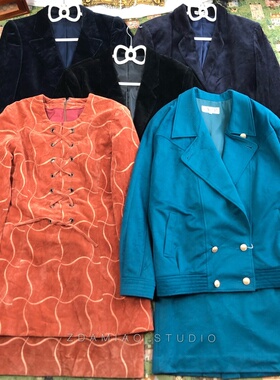 ZDAMIAO中古vintage法式复古丝绒西装半裙套装昭和港风制服时尚