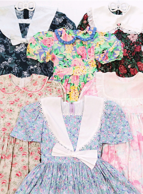 海淘美产古董花柄复古泡泡袖娃娃领可爱连衣裙vintgae古着童码仙