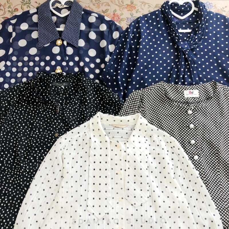 特价ZDAMIAO日本制古着复古可爱少女波点娃娃领短袖衬衫夏季新品