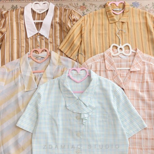 特价 日本制古着vintage复古格子条纹文艺学院短袖衬衫