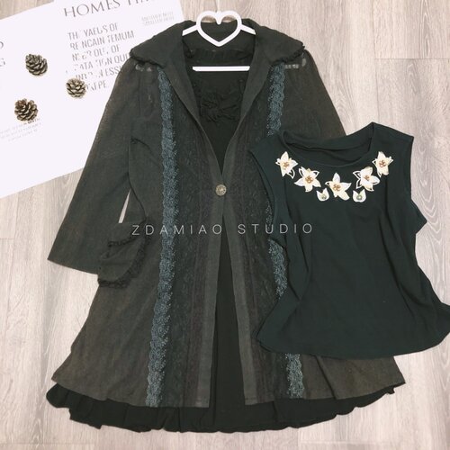 ZDAMIAO日系森女复古废土连衣裙蕾丝开衫套装vintage阿勒泰出片