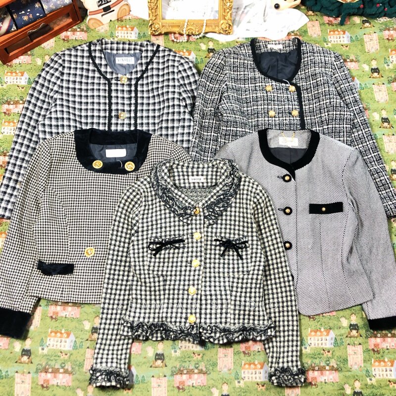 ZDAMIAO日本制中古vintage财阀千金黑色格纹编织粗花呢小香风外套