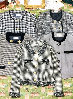 ZDAMIAO日本制中古vintage财阀千金黑色格纹编织粗花呢小香风外套