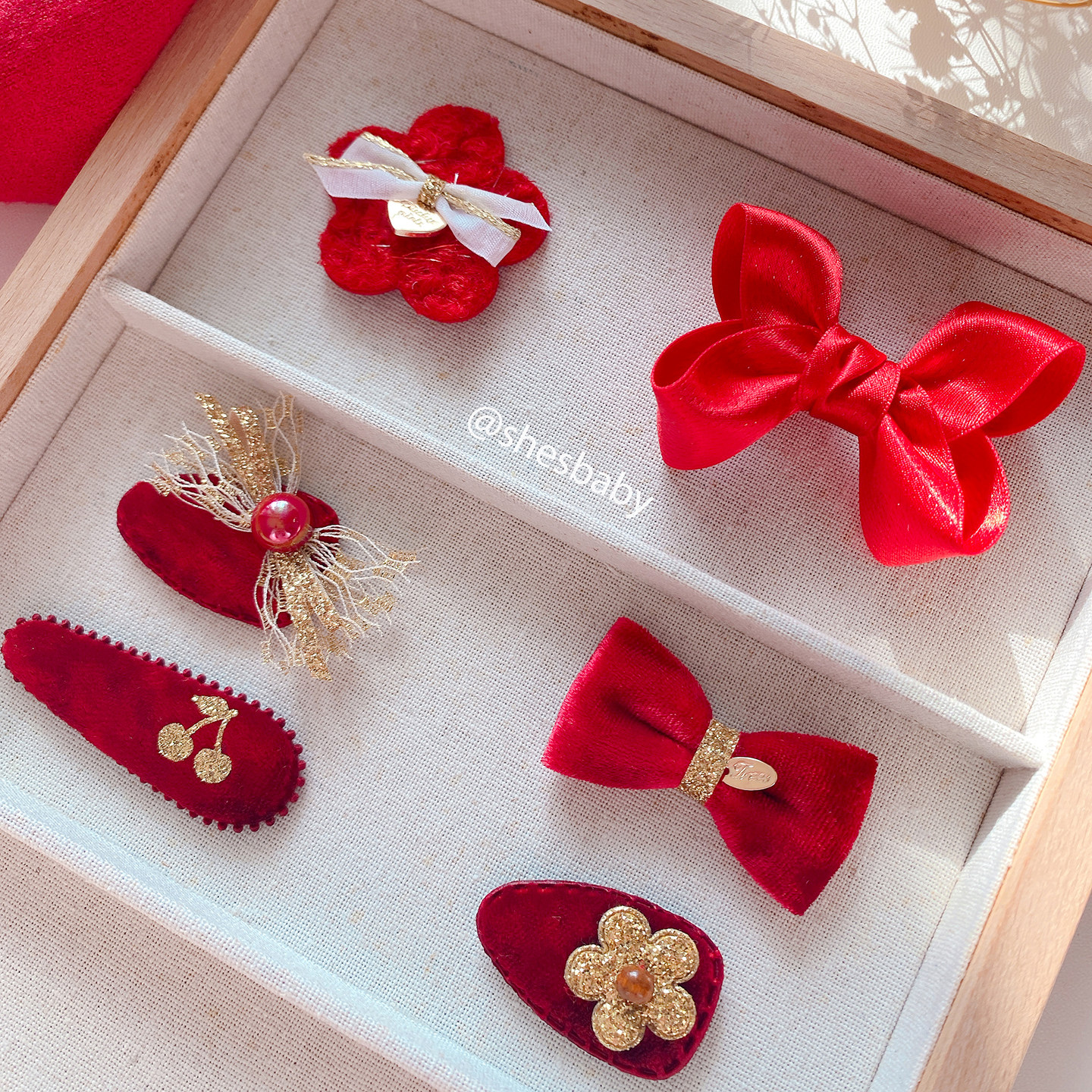 shesbaby进口红色丝绒蝴蝶结宝宝发饰新年喜庆儿童头饰高级感发夹