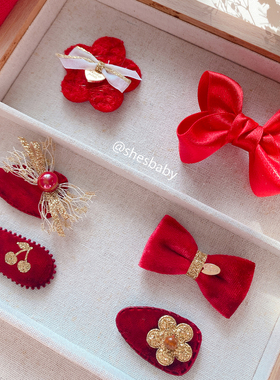 shesbaby进口红色丝绒蝴蝶结宝宝发饰新年喜庆儿童头饰高级感发夹