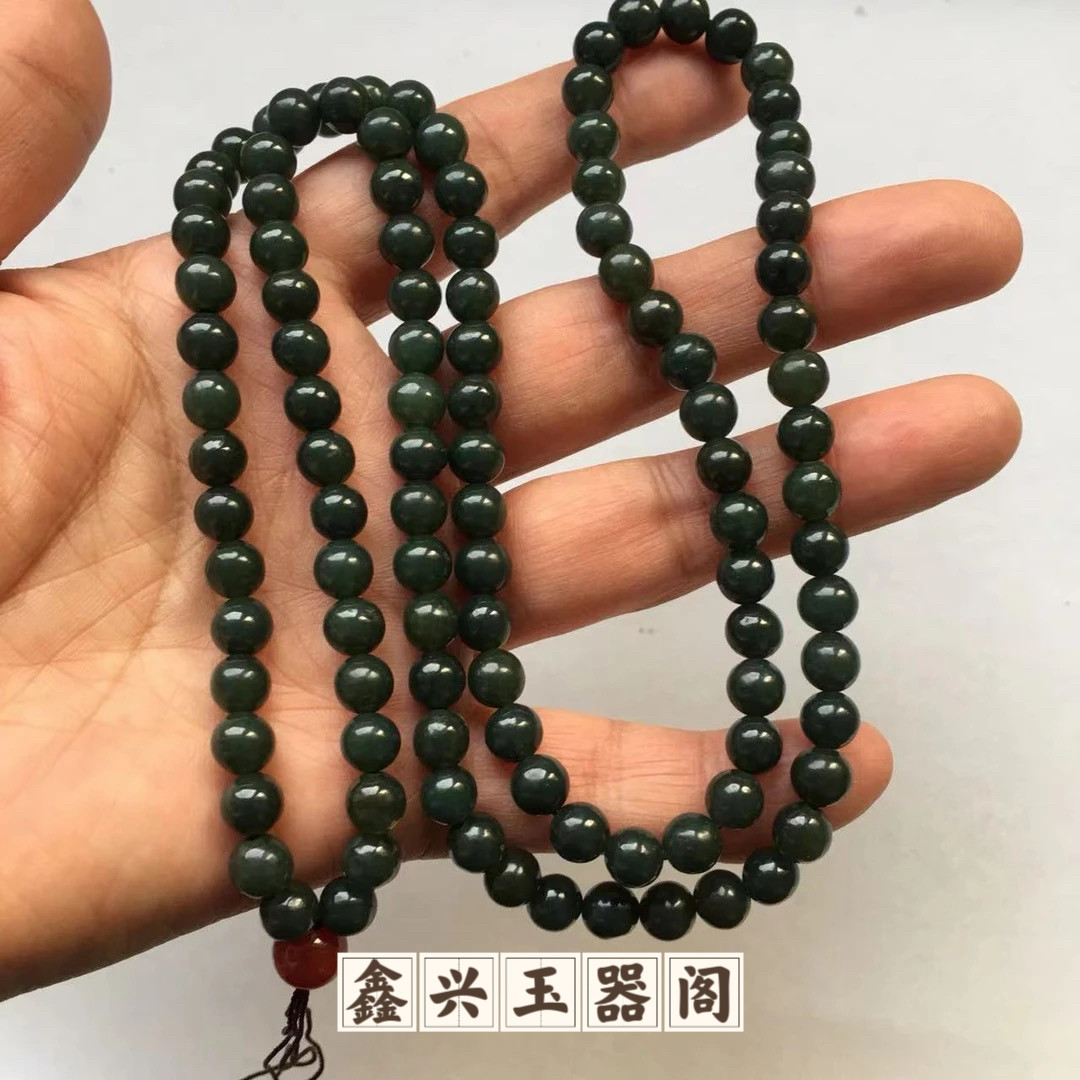 宠粉福利天然和田玉青玉圆珠项链108颗6mm满串佛珠吊坠绳链男女款