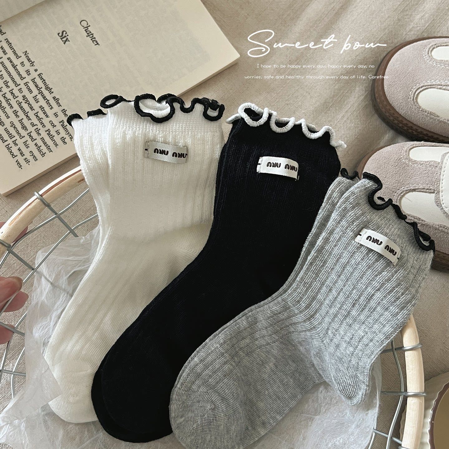 女童洛丽塔木耳边纯棉中筒袜