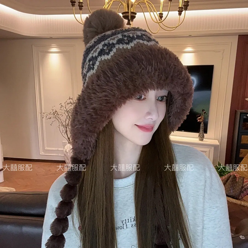 冬天帽子女保暖加绒加厚韩版防寒百搭骑车辫子护耳帽毛绒绒雷峰帽