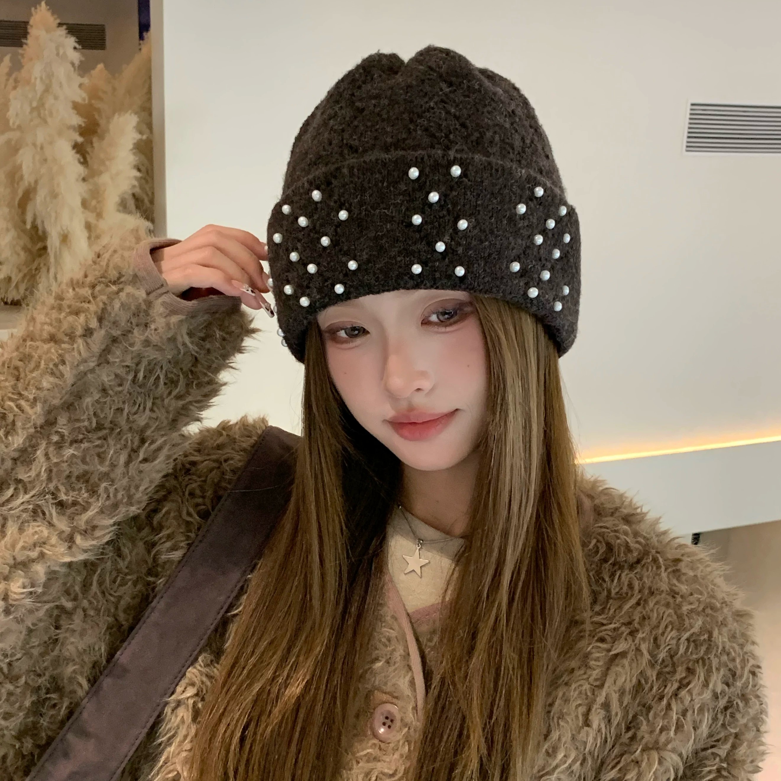 冬季加厚保暖护耳珍珠毛线帽女