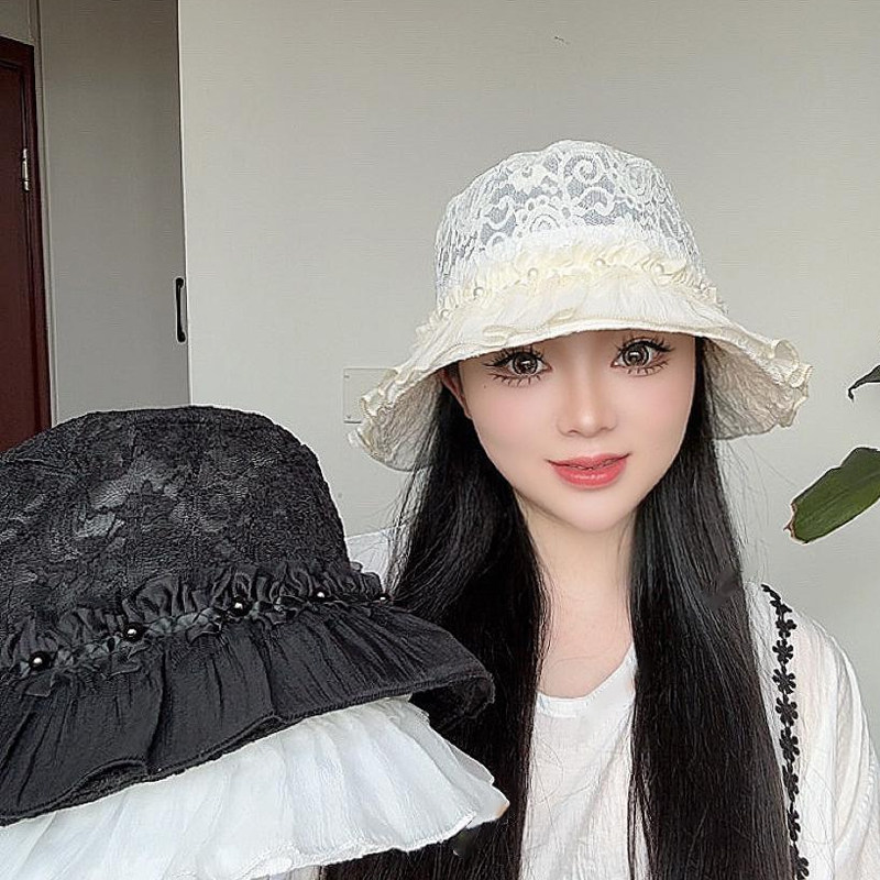 韩版轻薄蕾丝刺绣花朵渔夫帽子女