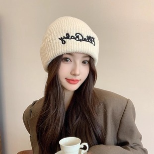粗针织帽子女2025秋冬季新款简约百搭字母大头围显脸小毛线滑雪帽