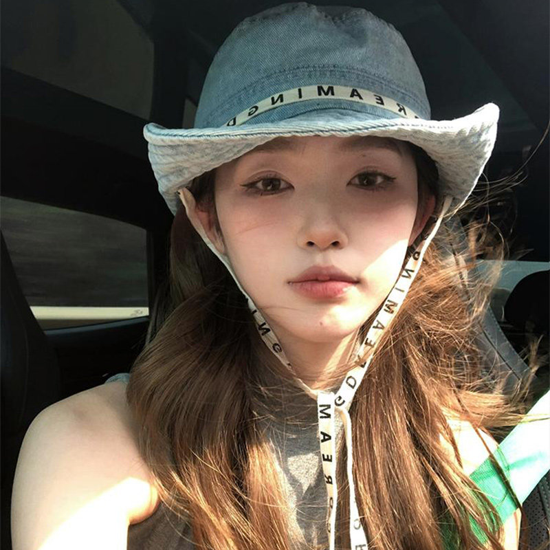 韩版ins时尚牛仔绑带渔夫帽子女