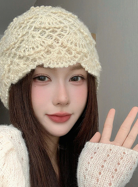 韩系手工钩花镂空马海毛针织毛线帽子女秋冬季保暖百搭包头帽冷帽