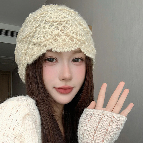 韩系手工钩花镂空针织毛线帽