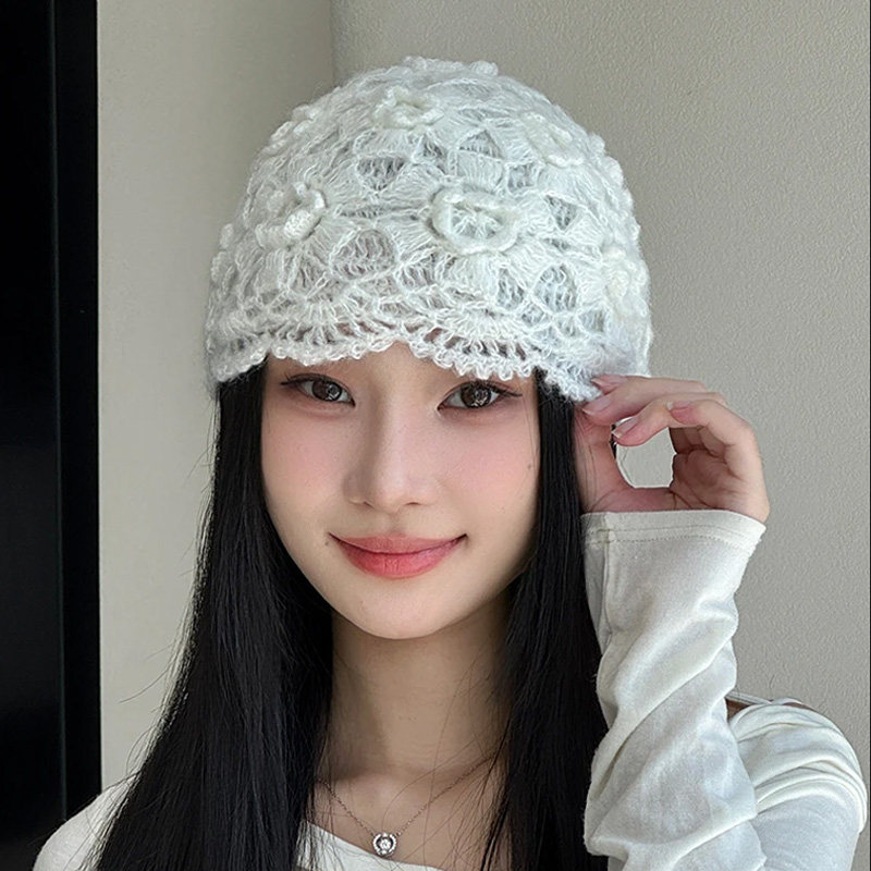 复古双层手工钩花包头帽