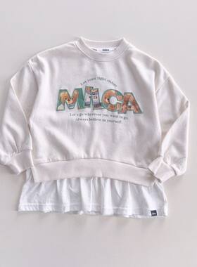 日单Milca小熊字母假两件卫衣120 130女童拼接裙摆宽松圆领长袖