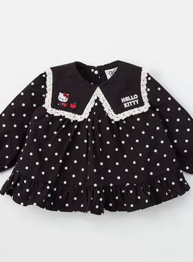 现货26春夏新品日单sanrio凯蒂猫女童翻领裙摆全棉套头衬衫80-130