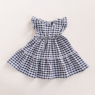 新品日单90-120女宝夏季速干飞袖连衣裙黑白棋盘格洋装