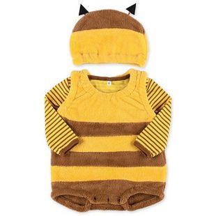 2025西松屋冬款舒棉绒现货卡通蜜蜂按扣可爱背心爬服条纹长袖套装