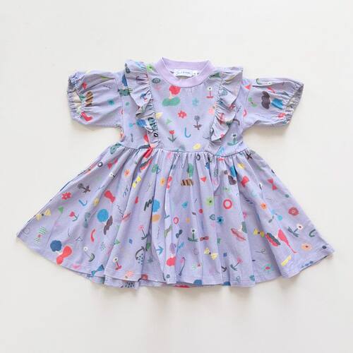 日单markers女童5分泡泡袖紫色连衣裙Subikiawa童趣印花裙荷叶边