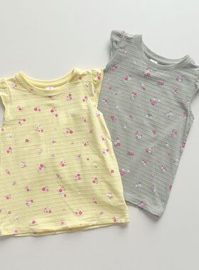 特价98-128女孩夏季飞袖上衣T恤弹力棉圆领碎花衣服背心