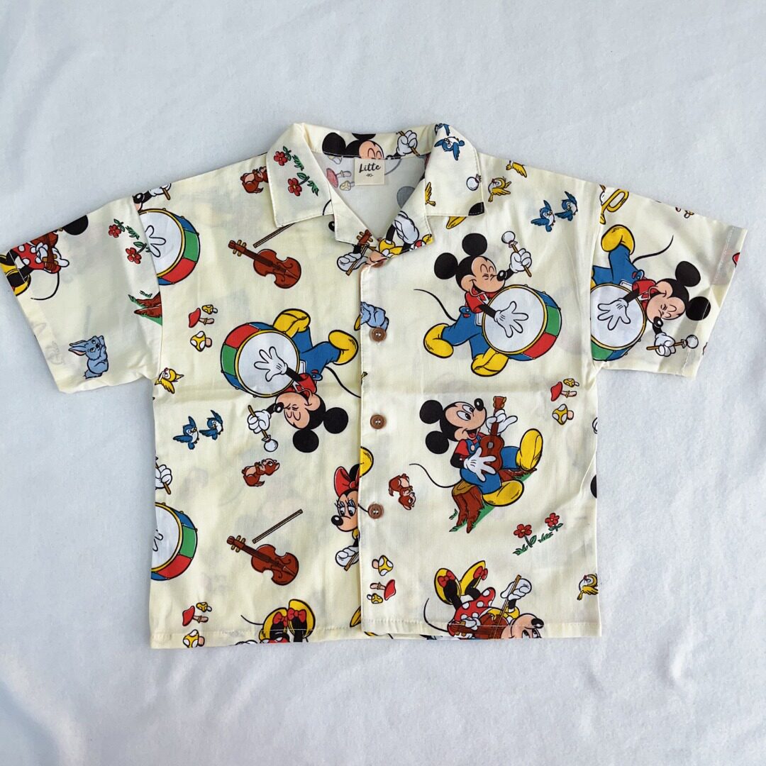 日单尾货80-90女童纯棉短袖衬衫上衣薄衬衣迪士尼满印梭织满印