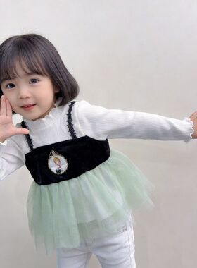 日单cottoli尾货90-130女童春季联名冰雪假两件长袖T恤裙网纱INS