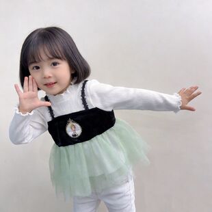 日单尾货90 联名冰雪假两件长袖 T恤裙网纱2026新品 130女童春季