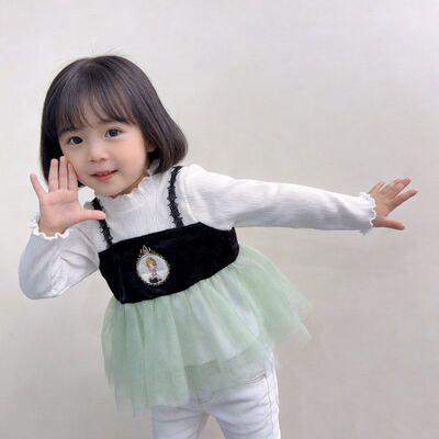 日单cottoli尾货90-130女童春季联名冰雪假两件长袖T恤裙网纱INS