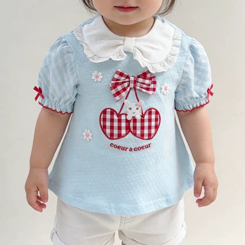 新品80-130女童夏季泡泡袖T恤上衣套头提花纯棉ins兔子同款