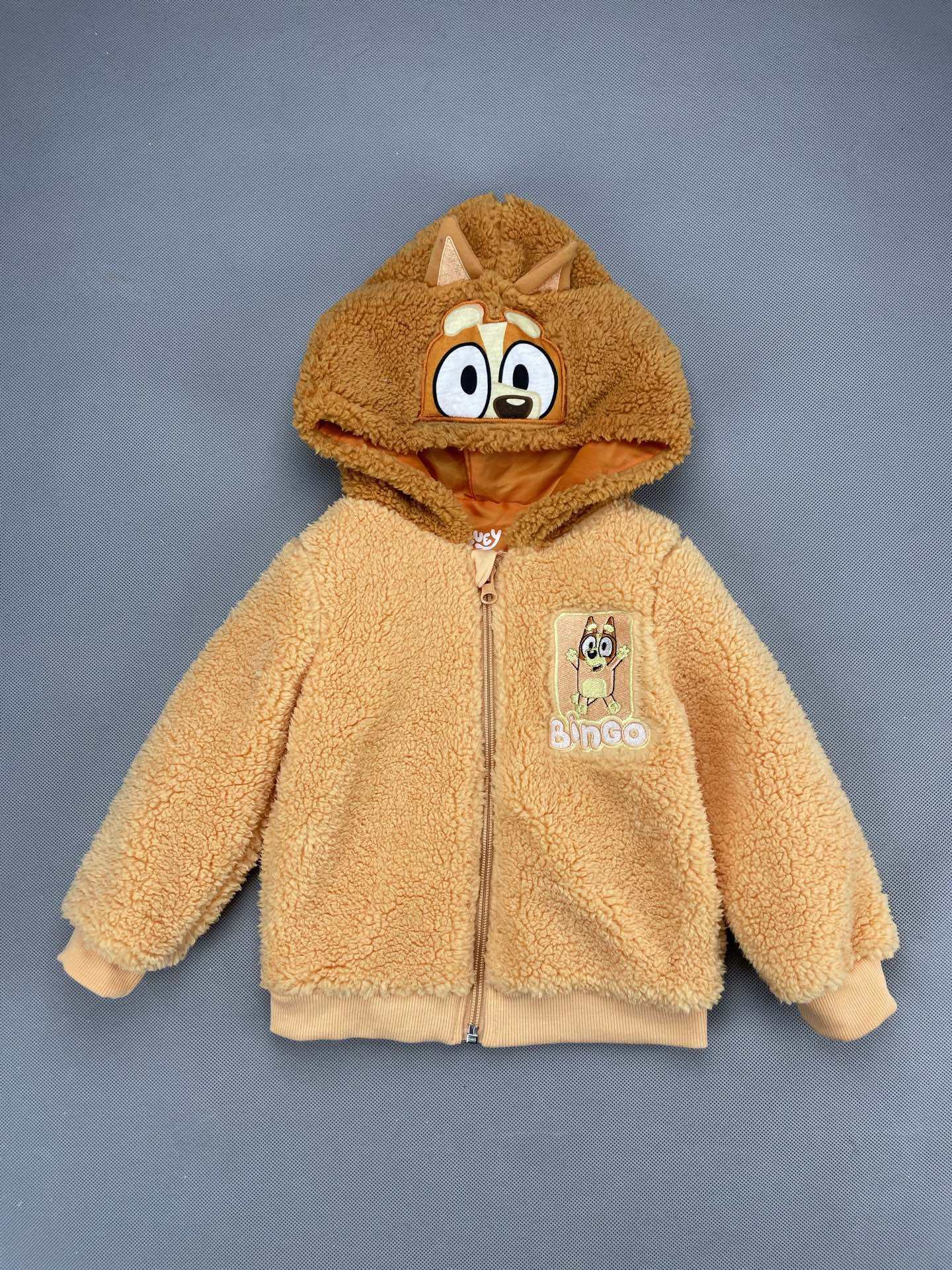 外贸原单男女童加绒毛毛衣外套2026秋冬新款卡通绒拉链带帽外套