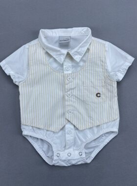 男童夏季短袖假两件连体衣62-74cm白色条纹马甲衬衫领哈衣