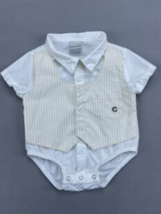 男童夏季短袖假两件连体衣62-74cm白色条纹马甲衬衫领哈衣