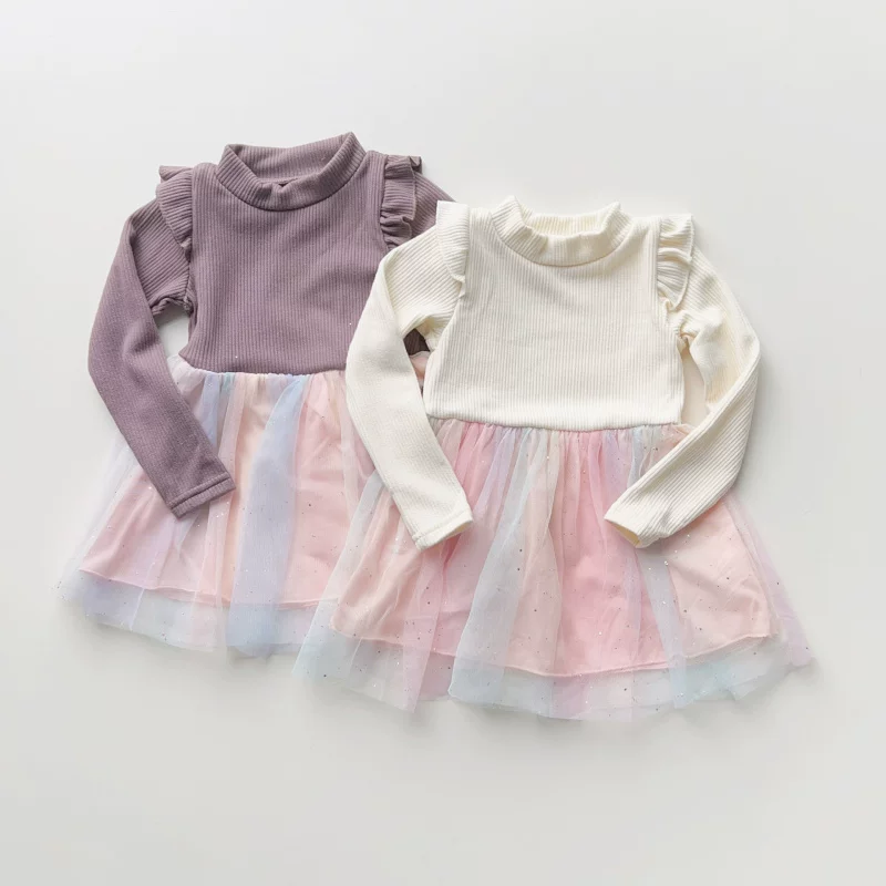 福利特价日系童装尾货110-130女孩加绒长袖连衣裙飞边彩虹纱裙子