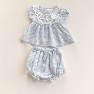 夏季新款80-100婴幼儿女宝娃娃领刺绣短袖上衣花苞裤2件套泡泡棉