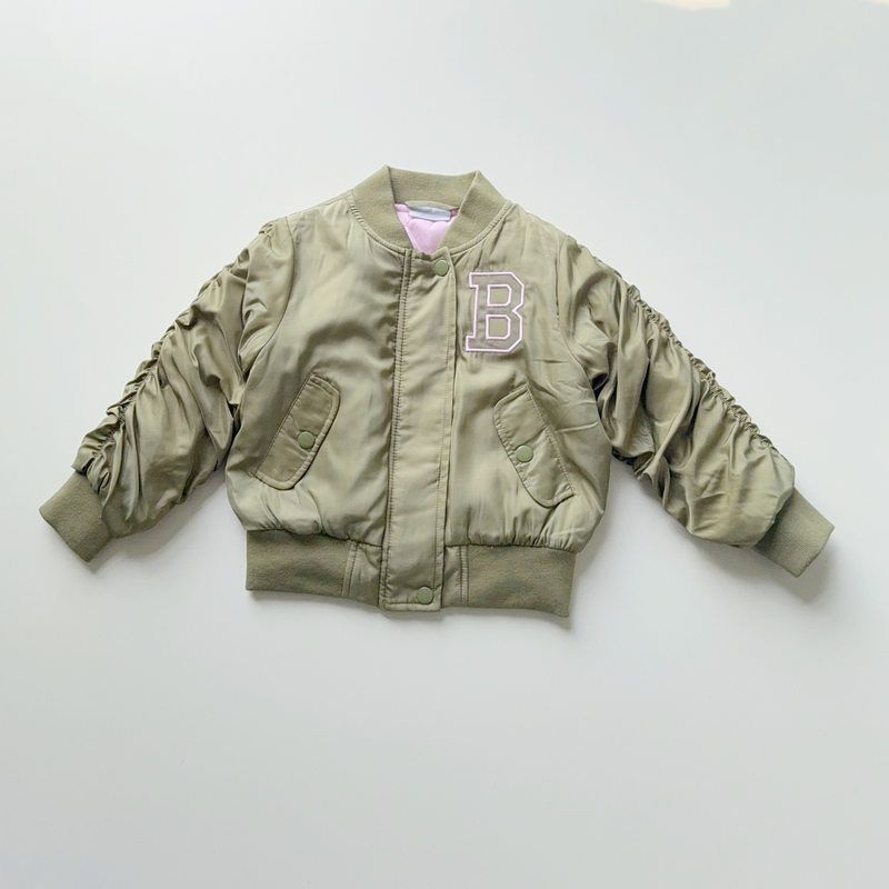 欧美单尾货4-15岁女童秋冬棉外套褶皱飞行夹克衫帅气缎面光滑拉链