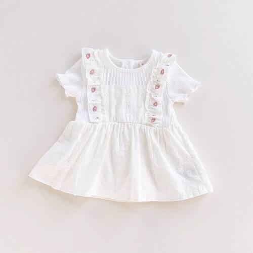 新品日系80-120女童螺纹短袖T恤套头上衣荷叶边假两件白色甜美