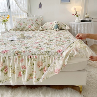 韩式碎花加厚床罩床裙二合一单件纯棉夹棉床围裙公主风花边三件套