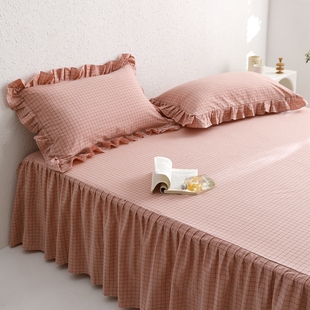 2024新款全棉床裙单件加厚1.8m纯棉格子床罩床单带裙边床垫套床笠