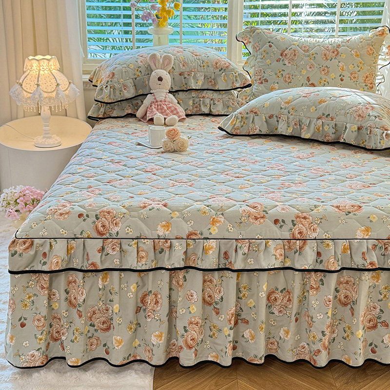 韩版加厚纯棉床罩夹棉床裙式单件席梦思保护套防滑荷叶边1.5/1.8