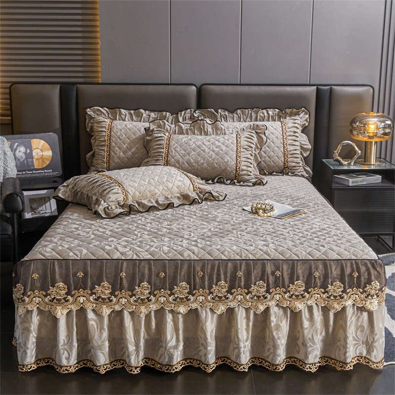 冬季加厚天鹅绒夹棉绗缝床裙单件防滑双人床套裙式床单枕套三件套