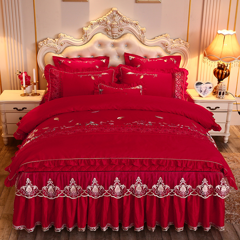 Wedding celebration Bed skirt Four piece suit Tencel Embroidery Quilt cover Cotton clip thickening Bedspread Princess wind Lace marry The bed Suppliesin the Bedclothes , Bedding Sets/Family of four/Multiple sets of  category - from Buy2taobao.com to provide professional Taobao agent buy service