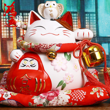 日本猫舍猫头鹰 祈愿达摩招财猫摆件 陶瓷招财猫储蓄罐家居